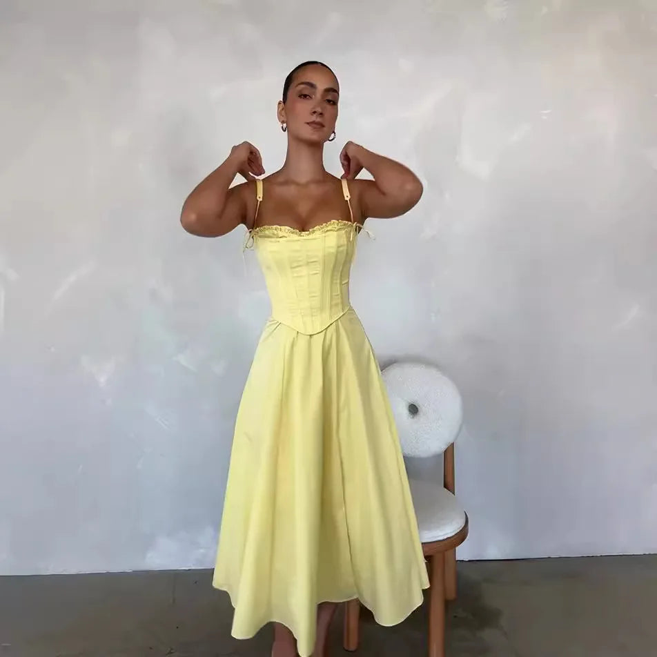 Boho Inspired yellow cotton midi dress women corset sexy summer dress fish boned slim fit strapless elegant party dresses ladies