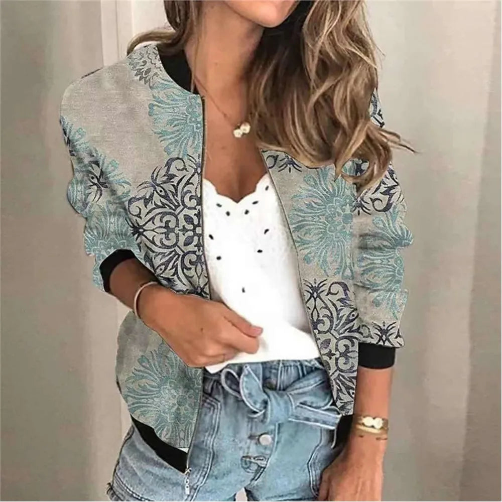 Fashion Print Women Jacket Spring Autumn O Neck Long Sleeve Zipper Pocket Casual Coats Bomber Outwear Streetwear Lady