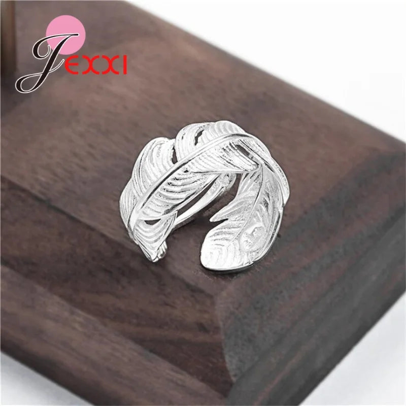 Authentic 100% 925 Sterling Silver Dazzling Feather Shape Open Finger Rings For Women Crystal Jewelry Christmas Gift Adjustable