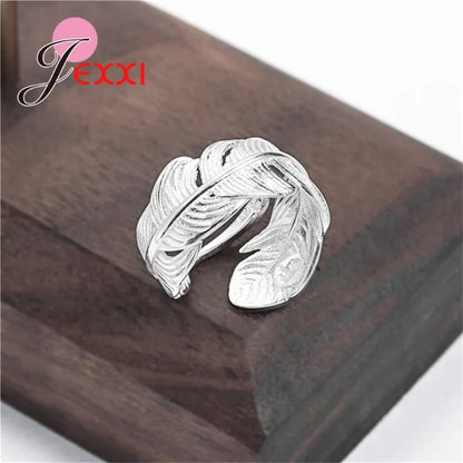 Authentic 100% 925 Sterling Silver Dazzling Feather Shape Open Finger Rings For Women Crystal Jewelry Christmas Gift Adjustable