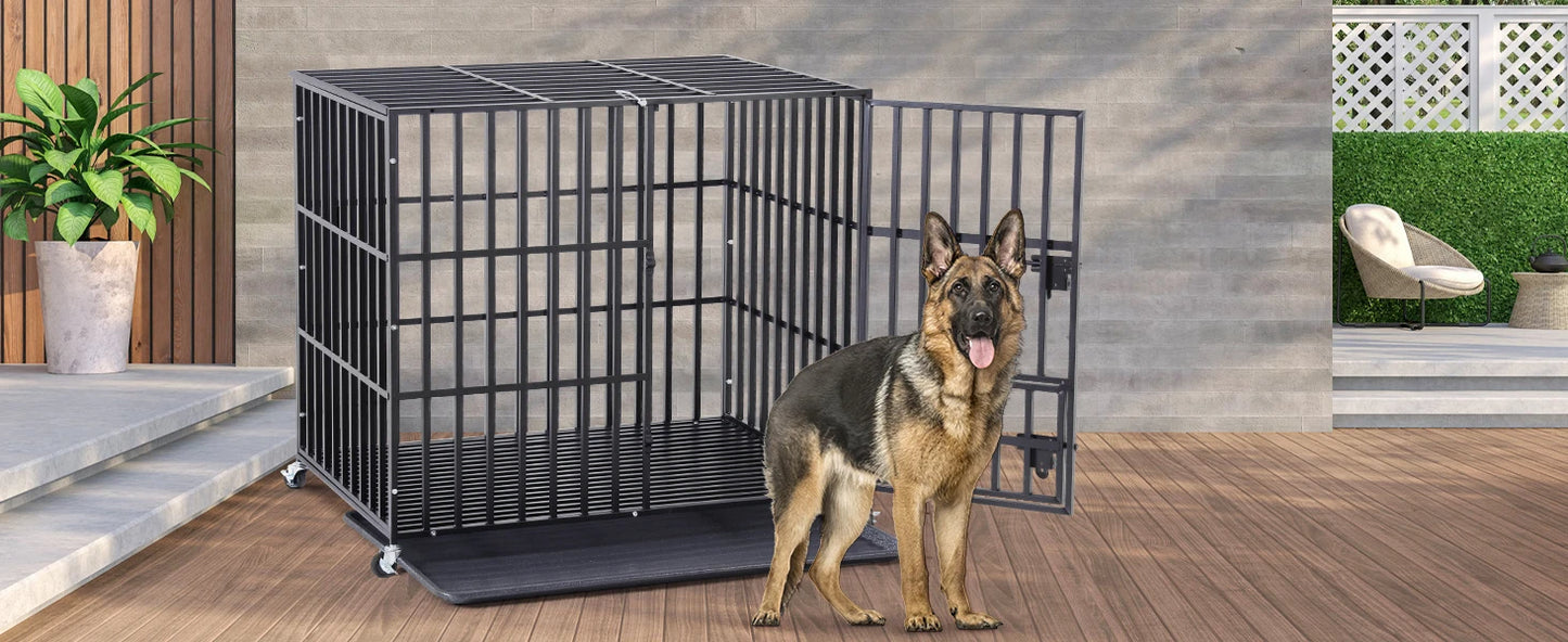 XXL Large Heavy Duty Dog Crate Strong Pet Cage Tear Resistant Square Tube Metal Kennel Playpen with Lockable Wheels and Tray