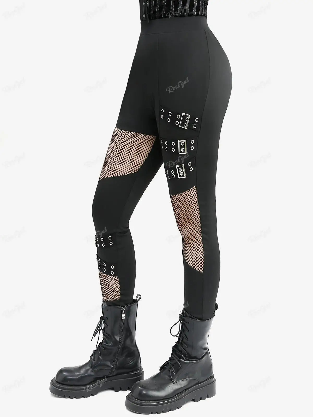 ROSEGAL Plus Size Women Elastic Waist Pants Black Gothic Fishnet Hollow Out Patchwork Buckle Grommet Skinny Pant Bottoms