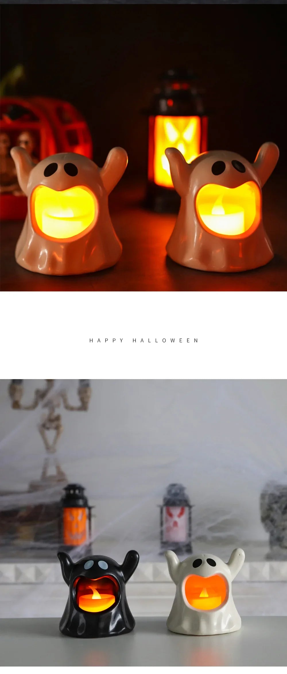 2025 New Halloween Ghost Lamp With LED Flameless Candles Decorative Halloween Party Ghosts Horror Atmosphere Props Decoration