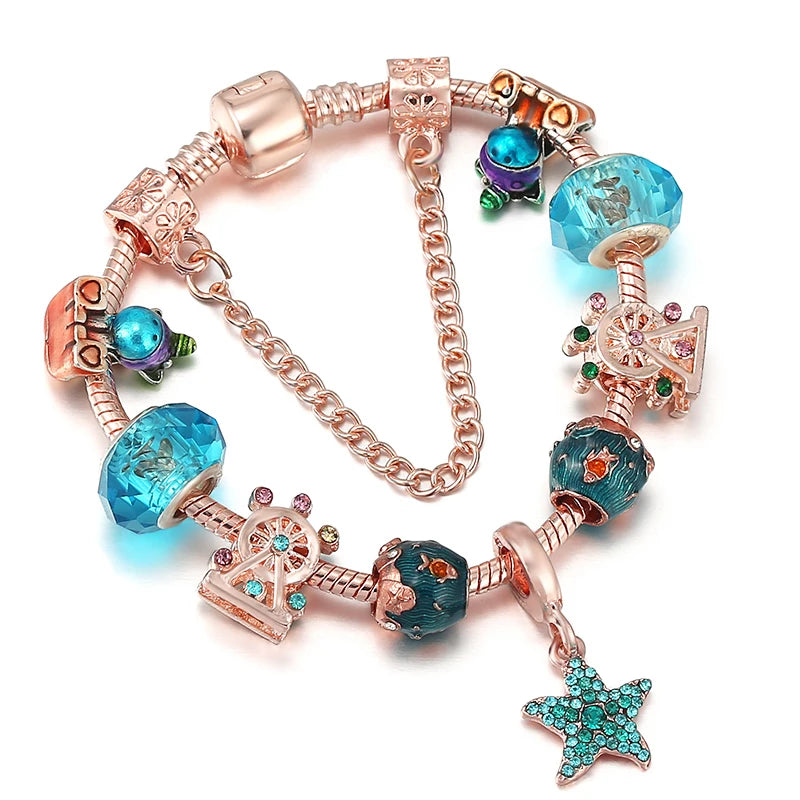 Spring Style Charms Bracelets For Women With Snake Chain Pink Daisy DIY Charms Beads Pendants Fashion Jewelry Dropshipping