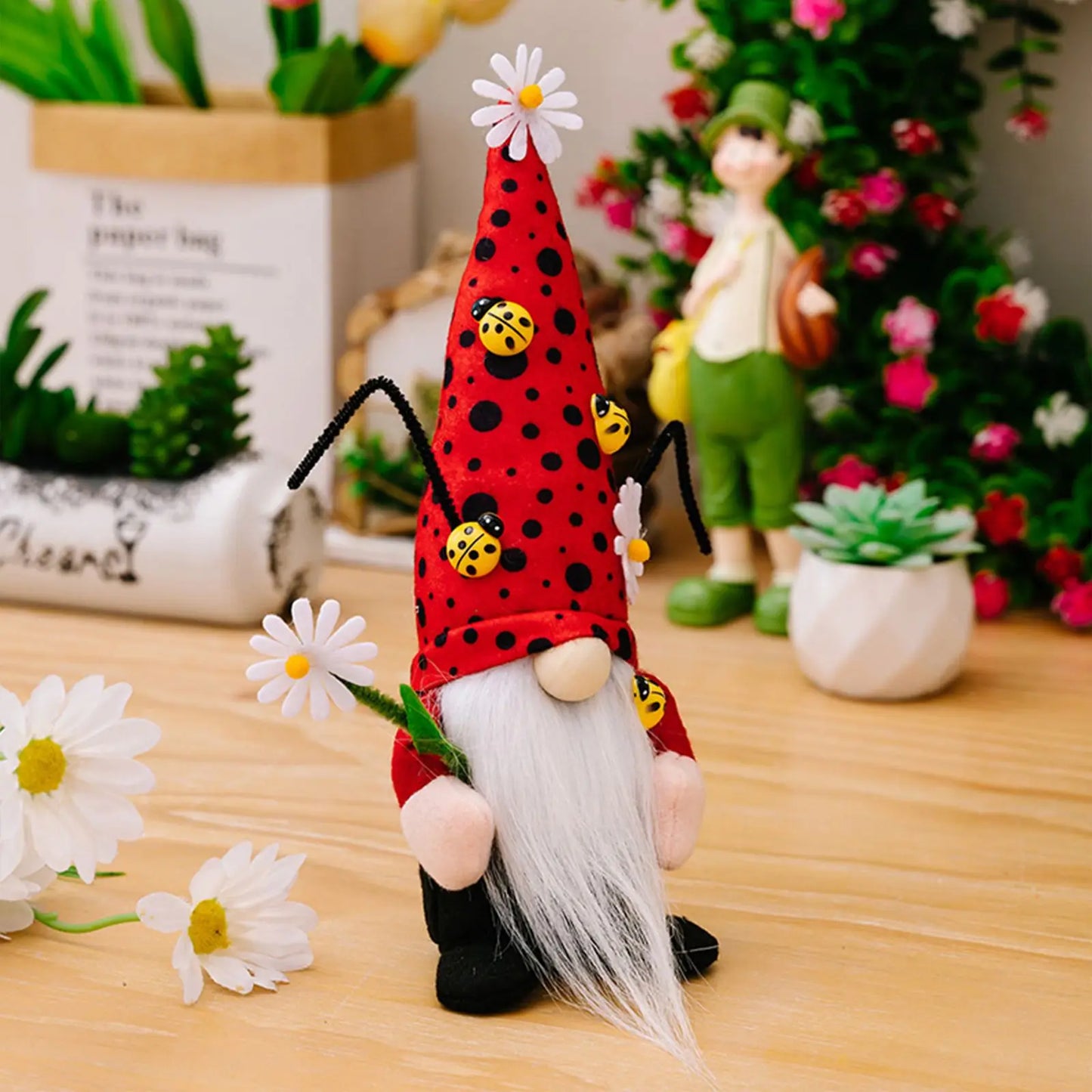 Ladybug Gnomes Kitchen Tiered Tray Decor Plush Swedish Tomte Scandinavian Figurine Spring Summer Farmhouse Household Ornament