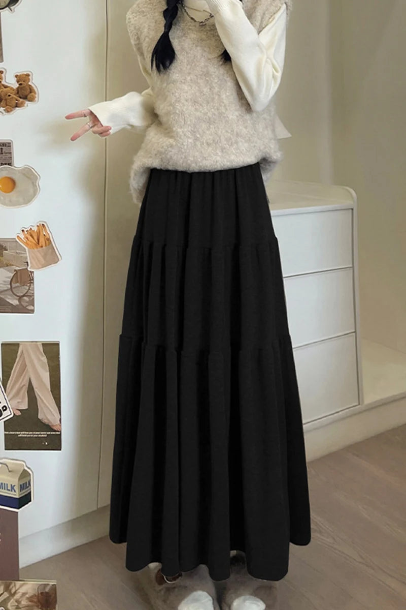 Autumn Casual Knit Pleated Skirt for Women Elegant Solid Color A Line Long Skirts Korean Streetwear High Waist Patchwork Skirt