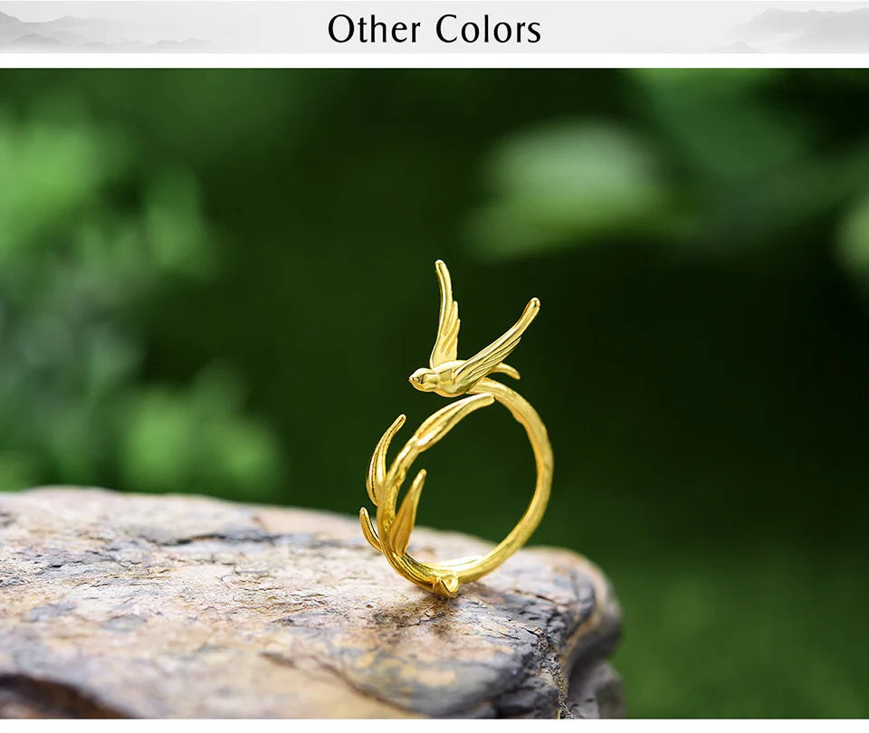 Lotus Fun 18K Gold Swallow Willow Branch Unusual Asymmetrical Rings for Women Real 925 Sterling Silver Original Fine Jewelry