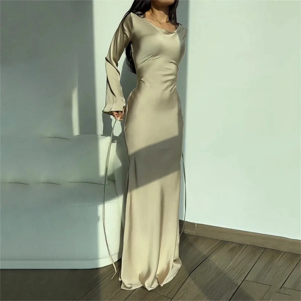 Women‘s Maxi Dress 2025 New Silk Long Round Neck Satin Flare Sleeve Lace Up Slim Skirt Evening Party Dresses Sexy Chic Robes
