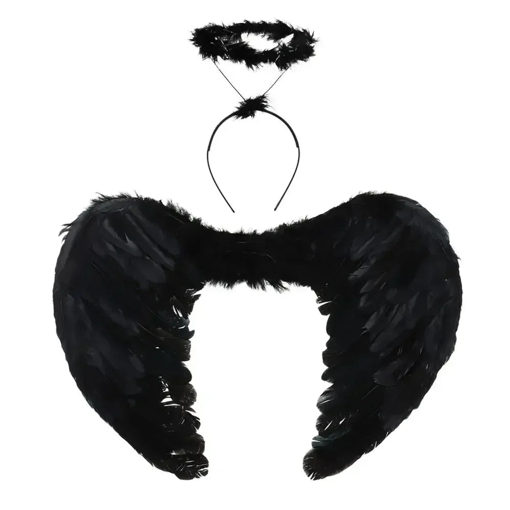 Black angel wings halo costume set featuring feathered wings and a matching halo headband