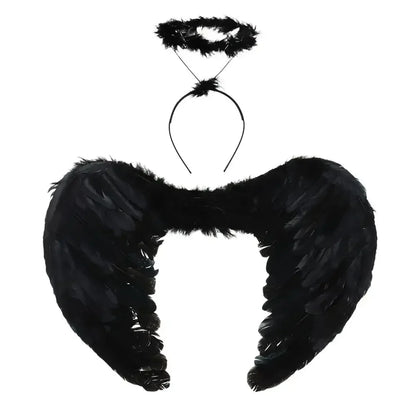 Black angel wings halo costume set featuring feathered wings and a matching halo headband