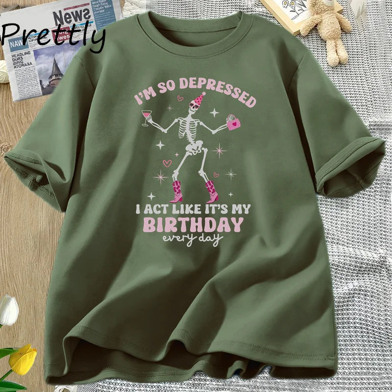 I'm So Depressed I Act Like It's My Birthday T Shirt Women Funny TTPD T-Shirt Skull Tortured Poets Department Printed T-shirts