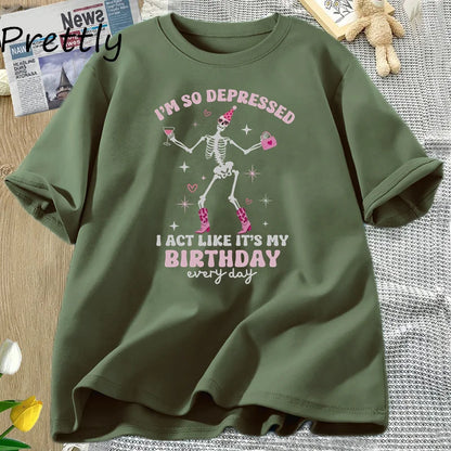 I'm So Depressed I Act Like It's My Birthday T Shirt Women Funny TTPD T-Shirt Skull Tortured Poets Department Printed T-shirts