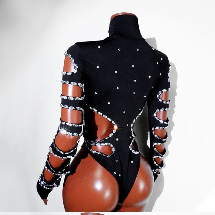 rhinestHollow Out Sexy Black Women Bodysuit pants Sets Long Sleeve Turtleneck Bodysuits Clubwear Costumes Stars Hot Singer Stage