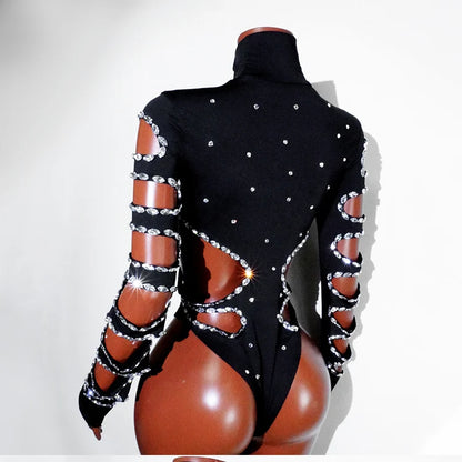 rhinestHollow Out Sexy Black Women Bodysuit pants Sets Long Sleeve Turtleneck Bodysuits Clubwear Costumes Stars Hot Singer Stage