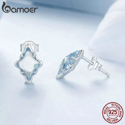 BAMOER Original 925 Sterling Silver Blue Starry Stud Earrings White Gold Hypoallergenic Earrings for Women Fine Jewelry Gift