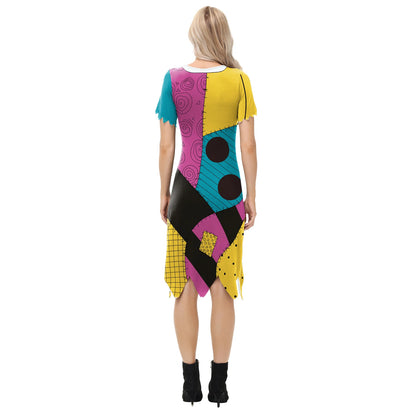 Nightmare Before Christmas Sally cosplay costume featuring colorful patchwork design from the back