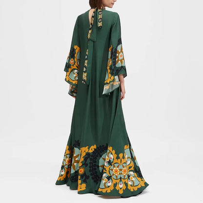 Ethnic Retro Spring Print Boho Long Dress Women Sexy Stand Collar Lace-up Party Dress Fall Long Sleeve Loose Ladies Maxi Dresses
