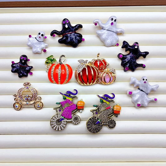 Collection of Halloween brooch pins featuring ghosts, pumpkins, and witches on bicycles for festive accessory lovers
