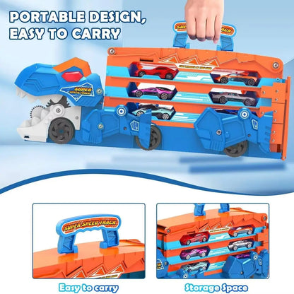 VATOS Dinosaur Transport Truck Car Toy 2 In 1 Ejection Folding Track Toy With Sound Portable 8 Race Cars Set for Kids Boys Gift