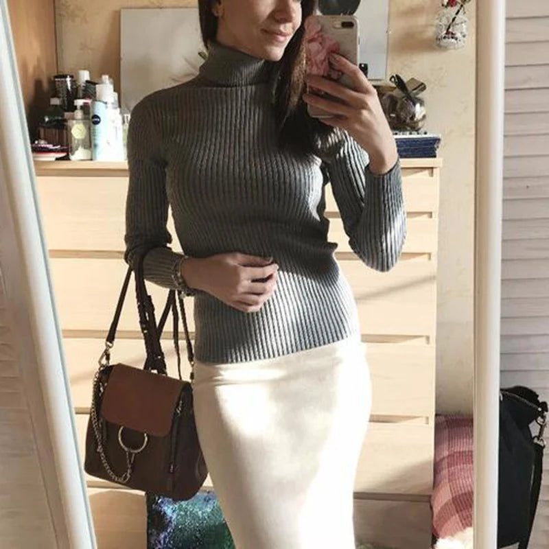 Autumn Winter Women Knit Solid Turtleneck Pull Sweater Casual Rib Jumper Tops Female Home Pullover Y2K Clothing 2025
