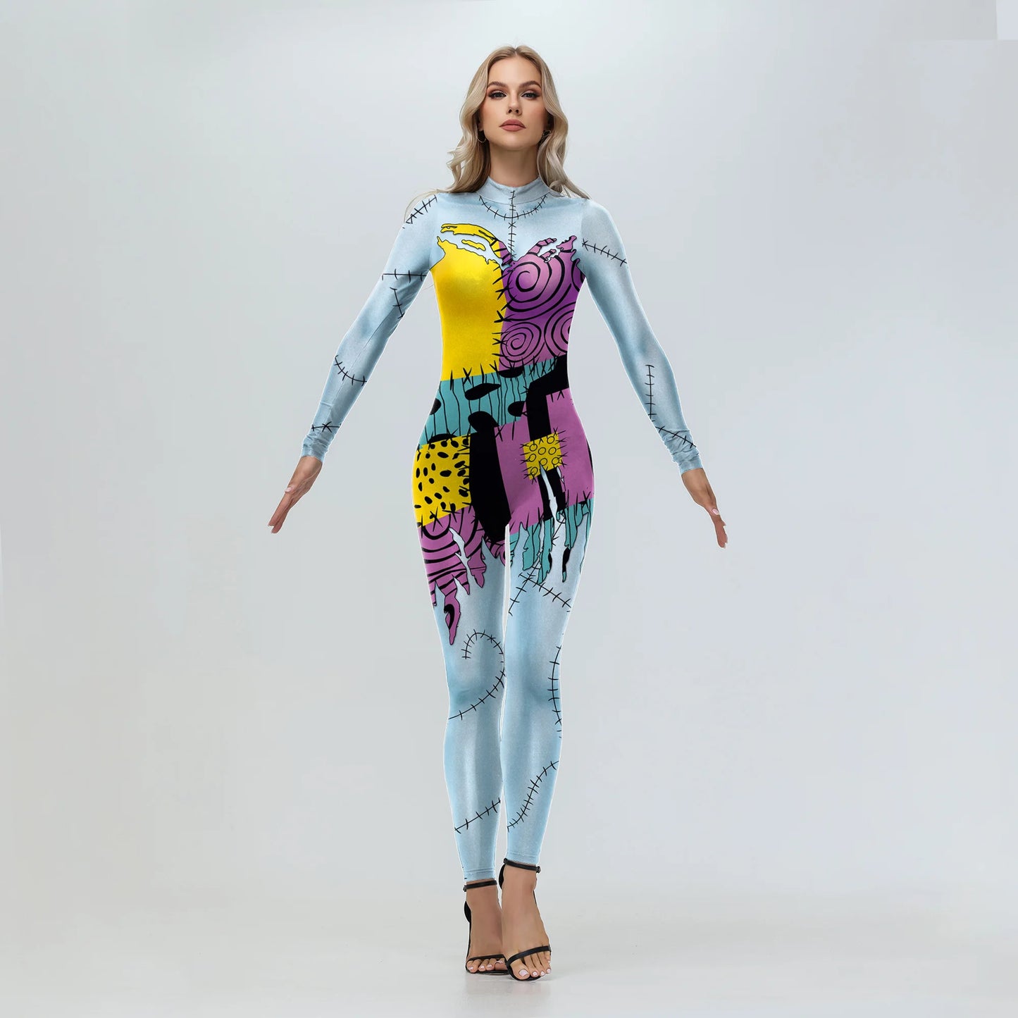 EtherealBe Nightmare Before Christmas Sally cosplay costume featuring vibrant patchwork design and form-fitting style