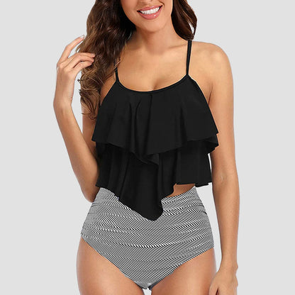 Chic Elegant Bikini Summer Multi-Layer Ruffled Edge Folds Crew Neck Sling Swimwear High Waist Thong Separate Two-Piece Swimsuit