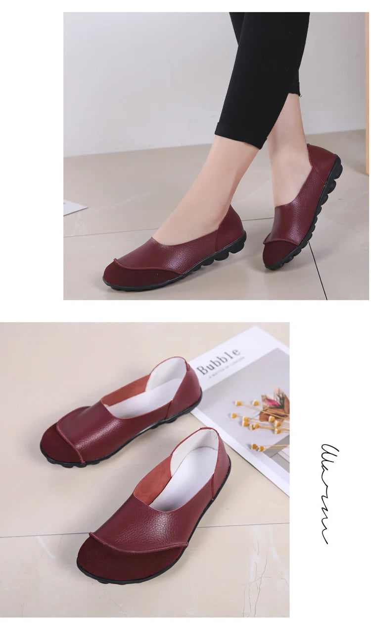 Women's shoes casual flat walking low heel loafers leather solid color large size casual single shoe work shoes44