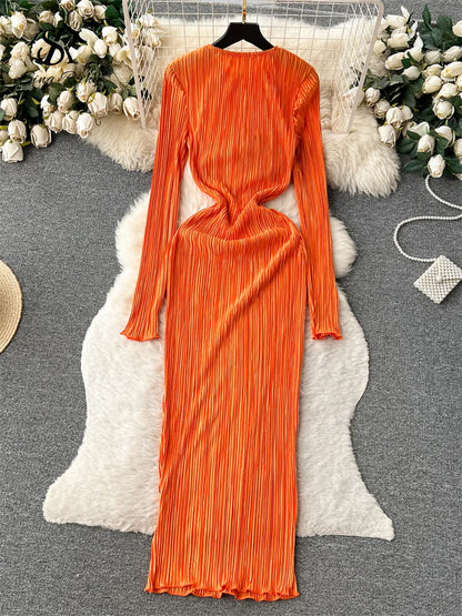 SINGREINY Solid Pleated Long Dress O Neck Full Flare Sleeves HIgh Elastic Female Skinny Fashion Autumn Retro Bodycon Party Dress