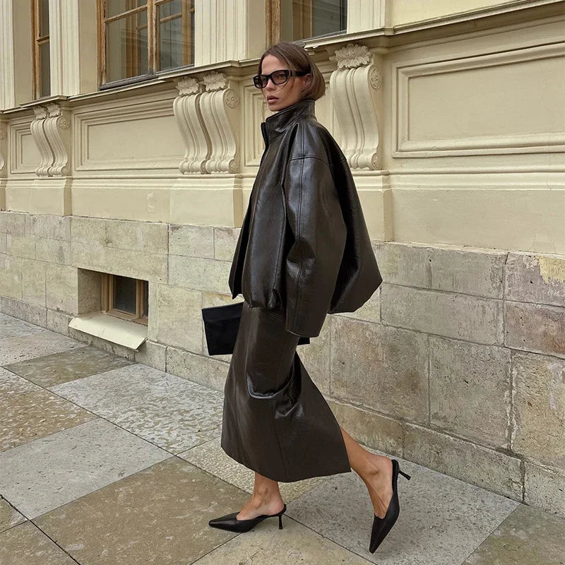 Vintage Solid Pu Leather Jacket Skirt Set High Neck Coat Slim Fit Long Skirt Coats Skirt Sets 2025 New Autumn Winter Lady Outfit