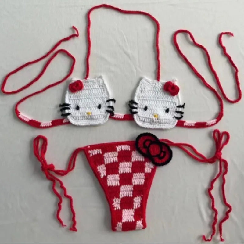 Sanrio Crochet Bikini Set Cute Girls Swimsuits Hello Kitty Sexy Bathing Suit Micro Ties Bikinis Beachwear Women Swimming Suit