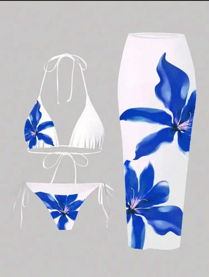 Sexy Print Three-piece Swimsuit Set Charms Lilies Limited Edition Bikini Set Attractiveness Sensuality Fashionable Women's Wear