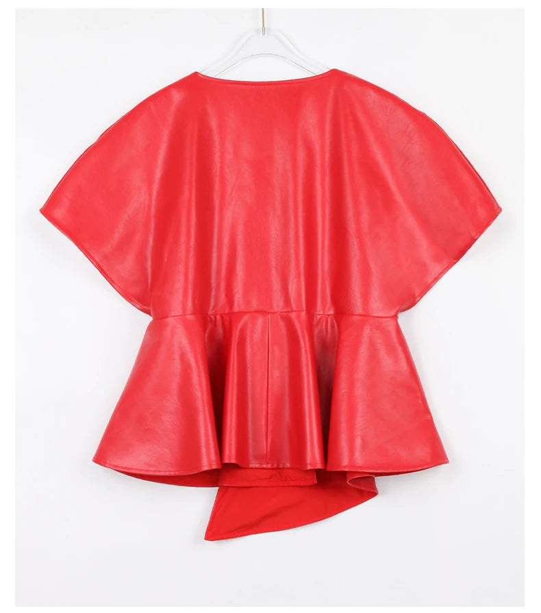 Nerazzurri Spring Short Red Faux Leather Vest Women Belt Runway Fashion Elegant Luxury Designer Clothes Sleeveless Jacket 2022