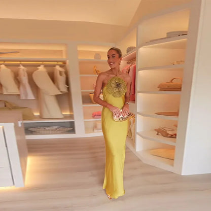 Elegant Party Women's Dress 3D Flower Halter Sleeveless Backless Mermaid Satin Female Dresses 2025 Summer Chic Evening Lady Robe