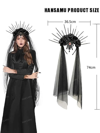 Gothic black rose veil headband with spikes and flowing veils for a dramatic look