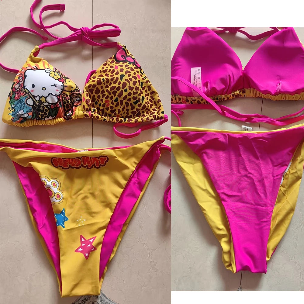 Kawaii Japanese Hello Kitty Girls Split Strap Summer Bikini Seaside Fashion Resort Swimsuit Leopard Print Cartoon Dopamine Swim