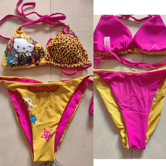 Kawaii Japanese Hello Kitty Girls Split Strap Summer Bikini Seaside Fashion Resort Swimsuit Leopard Print Cartoon Dopamine Swim