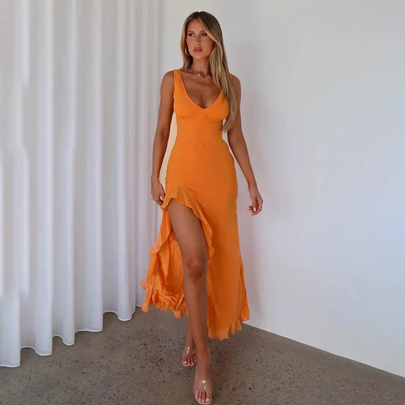 Avrilyaan Ruffle High Split Sexy Dress Women 2024 Robes Elegant Evening Summer Dress Backless Party Long Midi Dress Vestidos