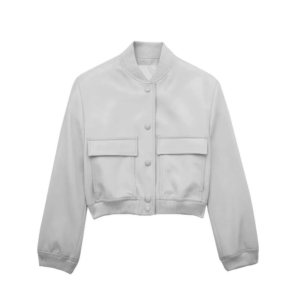 Women Fashion with Pockets Cropped Bomber Jacket Coat Vintage Long Sleeve Front Button Female Outerwear Chic Tops y2k clothes