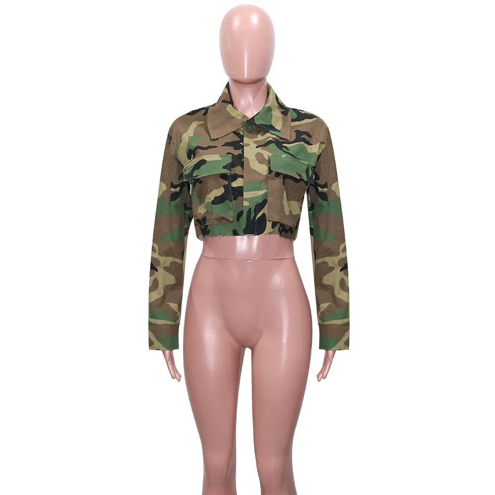 Women's Clothes Coats Casual Fashion Camouflage Print Large Pocket Lapel Long Sleeve Short Jacket for Women