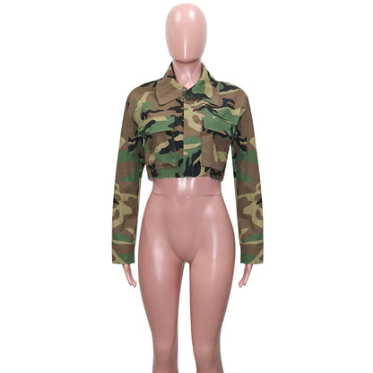 Women's Clothes Coats Casual Fashion Camouflage Print Large Pocket Lapel Long Sleeve Short Jacket for Women