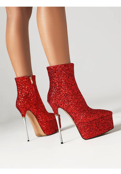 2025 New Autumn Winter Shiny Stiletto Ankle Boots Woman High Heels Glitter Bling Short Boots Women Platform Pointed Toe Shoes