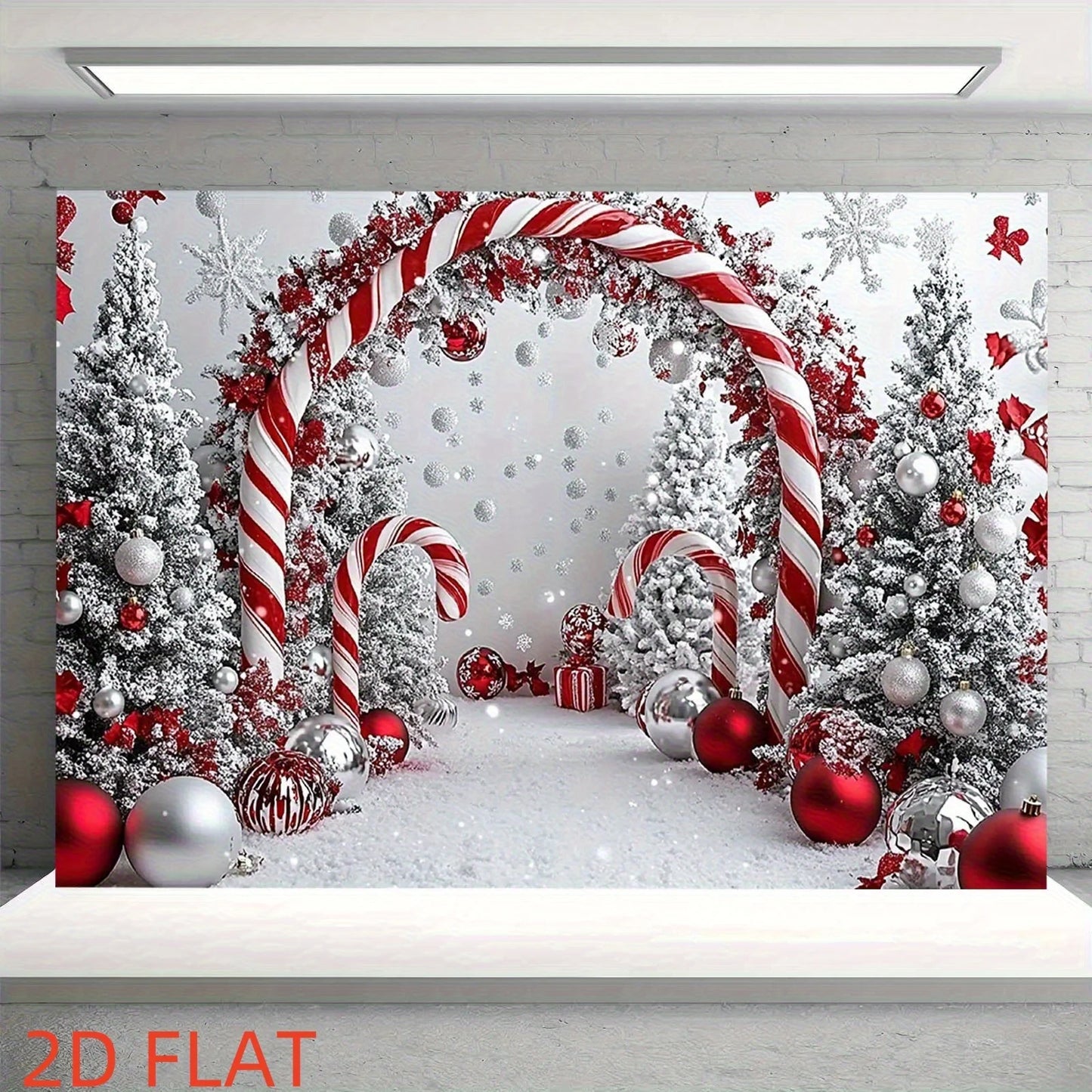 A shiny Christmas tree background cloth with candy sticks and a party banner featuring snowflake patterns
