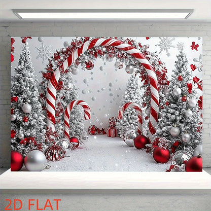 A shiny Christmas tree background cloth with candy sticks and a party banner featuring snowflake patterns