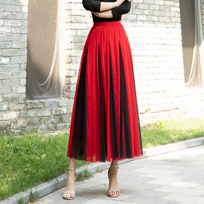 Women Color Block A-line Skirt Mid Length Drape Feeling High Waist Slim Mesh Skirts Carnival Festival Party Performance Costume