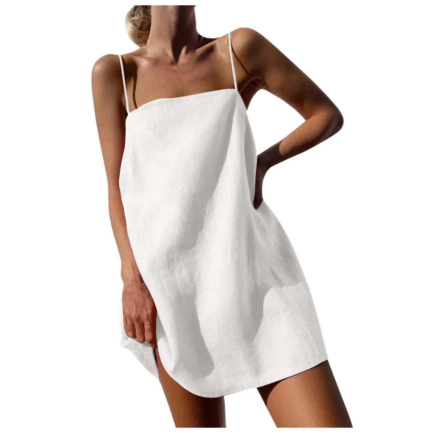 Summer Dresses Women Linen Vacation Cute Spaghetti Strap Fashion High Waist Backless Pockets Casual Summer Beach Dress