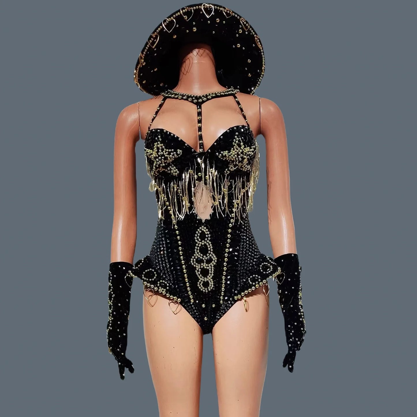 Women Sparkly Rhinestone Red Bodysuit 4Pieces Set Nightclub Party Stage Show Outfit Cabaret Carnival Showgirl Sexy Wear Hongding