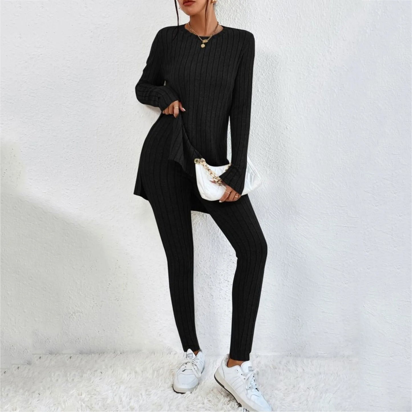 Autumn Winter 2 Pieces Set Women Knitted Long Sleeve O Neck Tops Slim Fit  Pants Sets Casual Elegant Warm Sport Trousers Outfit