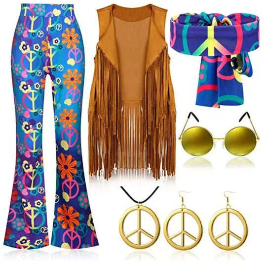 EtherealBe women's hippie disco costume set featuring colorful flared pants, fringe vest, scarf, sunglasses, and peace sign accessories