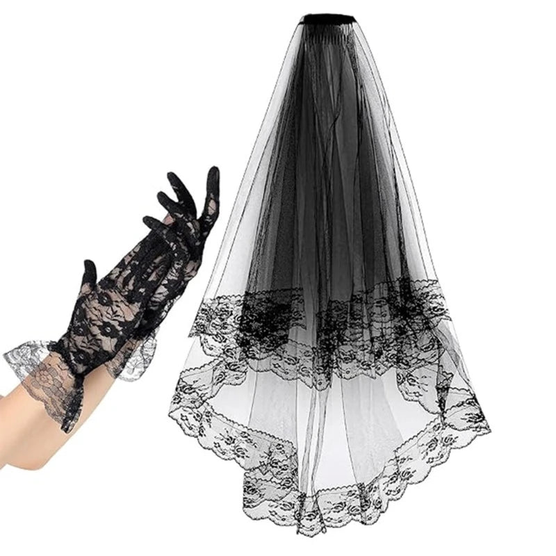 Elegant black lace veil and gloves set, perfect for special occasions and costume parties