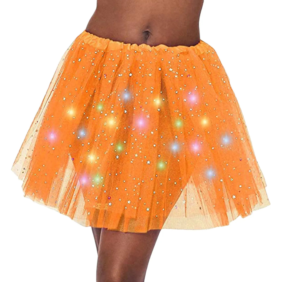 EtherealBe LED halloween tutu skirt for women in orange with colorful lights and glitter accents